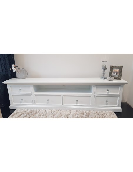 Komoda rtv Glamour, 6 szuflad z wnęką biała STOPNIOWANA