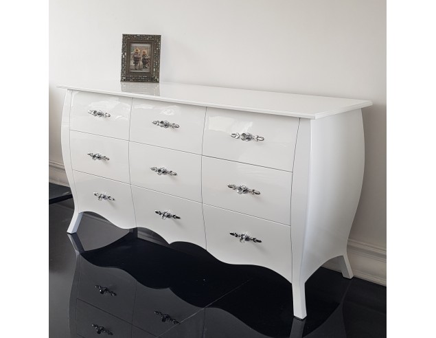 Komoda Glamour 9 szuflad, biała wysoki połysk
