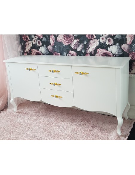 Komoda Ludwik 3 szuflady oraz dwoje drzwiczek biała złote brylanty
