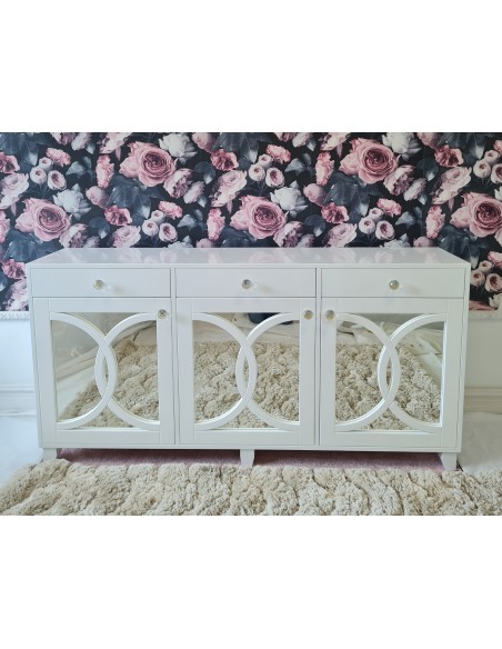 Komoda 3 szuflady oraz troje drzwiczek biała połysk z lustrami