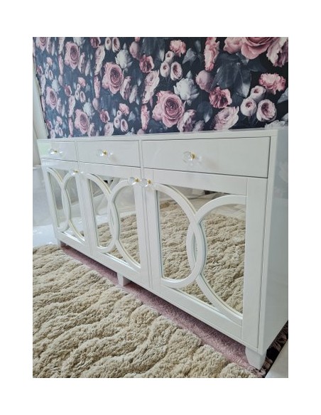 Komoda 3 szuflady oraz troje drzwiczek biała połysk z lustrami