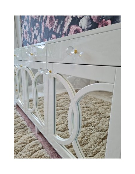 Komoda 3 szuflady oraz troje drzwiczek biała połysk z lustrami