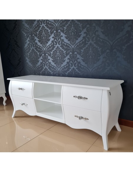 Szafka RTV Glamour 4 szuflady biała wykończenie szuflad fala