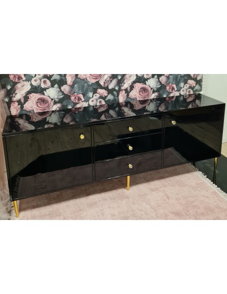 Szafka RTV Glamour 3 szuflady oraz dwoje drzwiczek czarny połysk z złotymi nogami