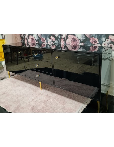 Szafka RTV Glamour 3 szuflady oraz dwoje drzwiczek czarny połysk z złotymi nogami