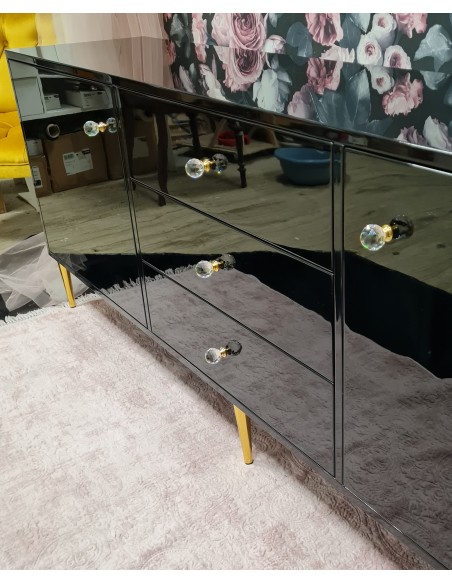 Szafka RTV Glamour 3 szuflady oraz dwoje drzwiczek czarny połysk z złotymi nogami